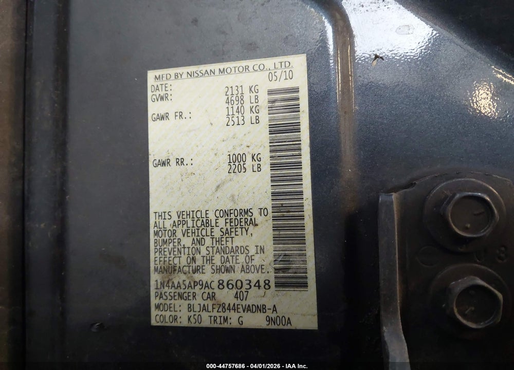 2010 NISSAN MAXIMA 3.5 SV VIN: 1N4AA5AP9AC860348