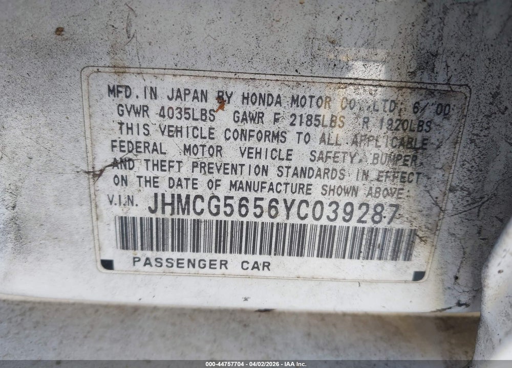 2000 HONDA ACCORD 2.3 EX VIN: JHMCG5656YC039287