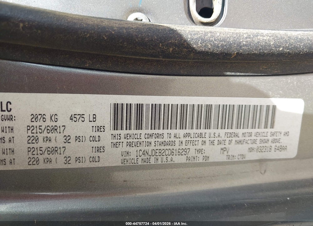2012 JEEP COMPASS LATITUDE VIN: 1C4NJDEB2CD616297