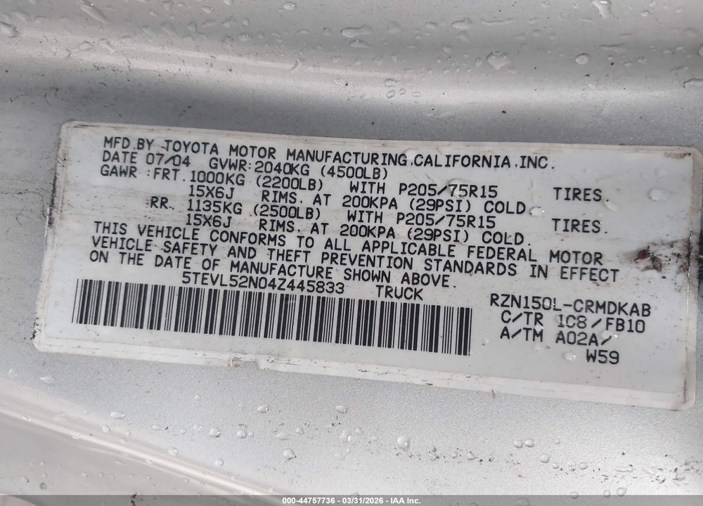 2004 TOYOTA TACOMA VIN: 5TEVL52N04Z445833