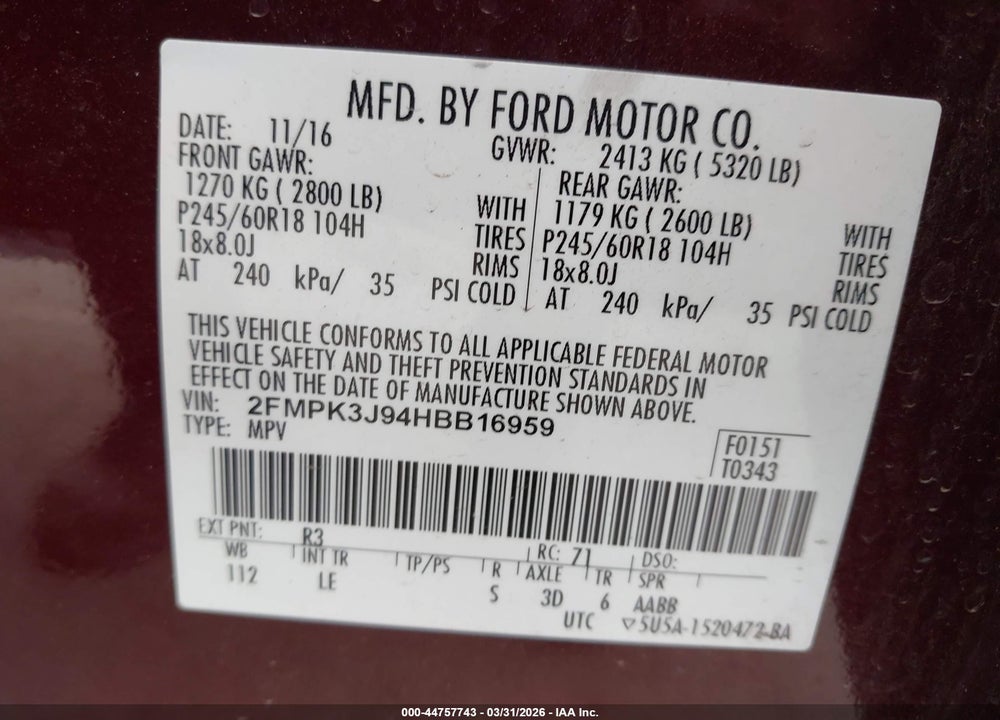 2017 FORD EDGE SEL VIN: 2FMPK3J94HBB16959