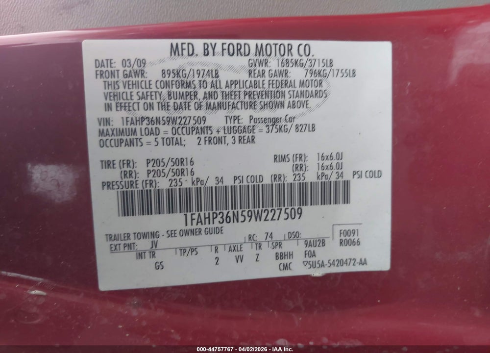 2009 FORD FOCUS SES VIN: 1FAHP36N59W227509