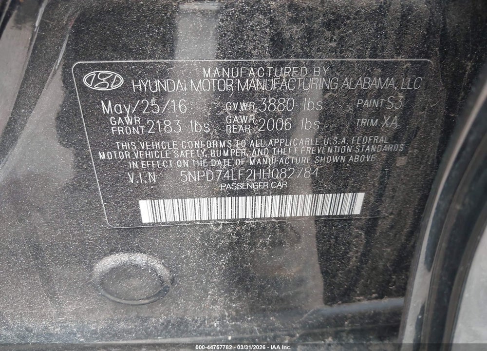 2017 HYUNDAI ELANTRA SE VIN: 5NPD74LF2HH082784