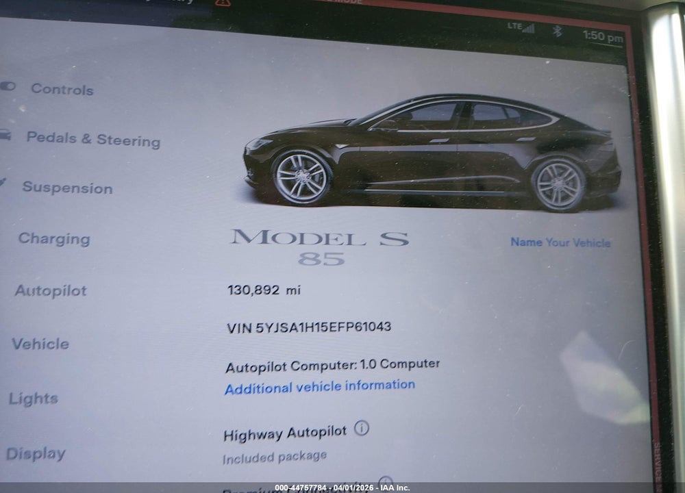 2014 TESLA MODEL S P85 VIN: 5YJSA1H15EFP61043