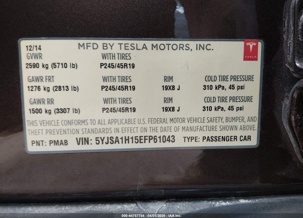 2014 TESLA MODEL S P85 VIN: 5YJSA1H15EFP61043