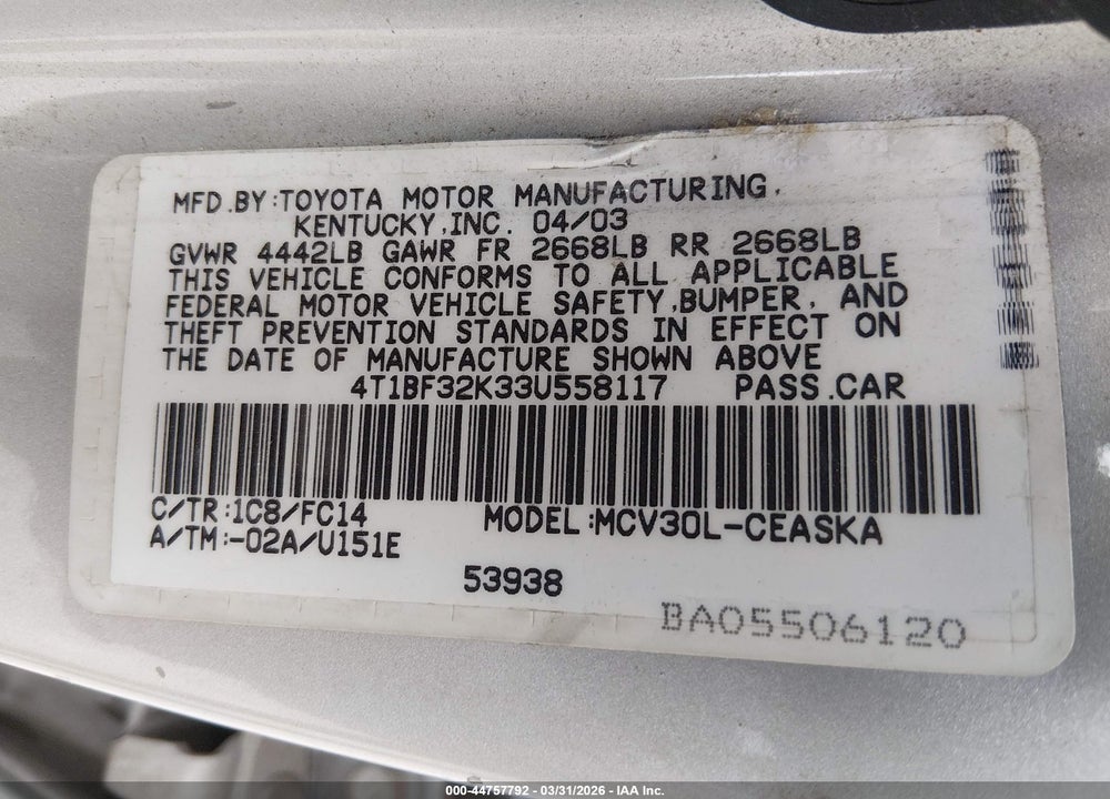 2003 TOYOTA CAMRY SE V6 VIN: 4T1BF32K33U558117
