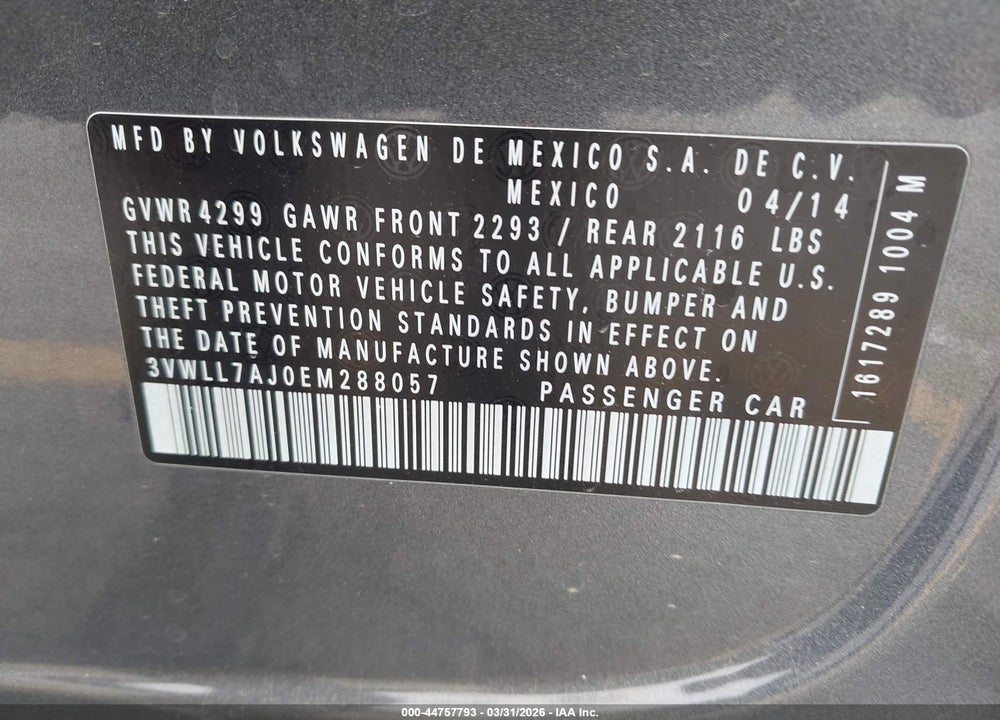 2014 VOLKSWAGEN JETTA 2.0L TDI VALUE EDITION VIN: 3VWLL7AJ0EM288057
