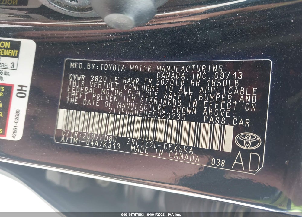 2014 TOYOTA COROLLA S PLUS VIN: 2T1BURHE0EC023230
