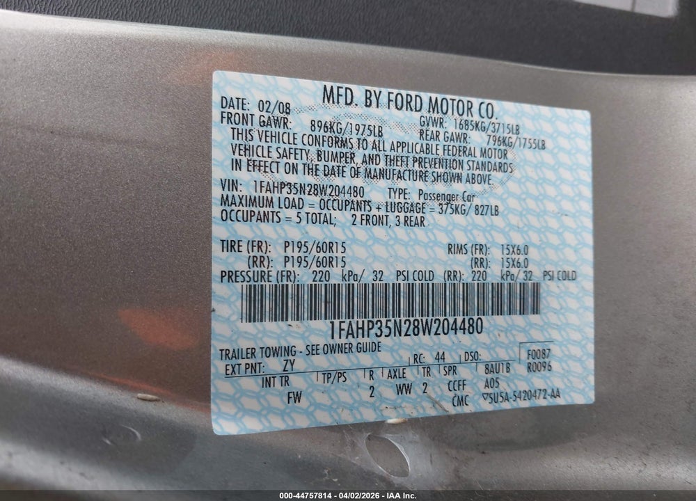 2008 FORD FOCUS SE/SES VIN: 1FAHP35N28W204480