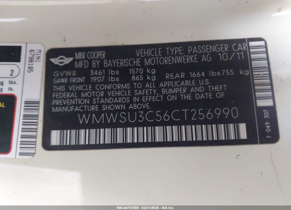 2012 MINI COOPER VIN: WMWSU3C56CT256990