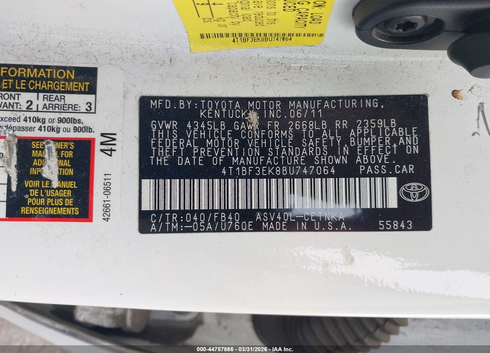 2011 TOYOTA CAMRY LE VIN: 4T1BF3EK8BU747064