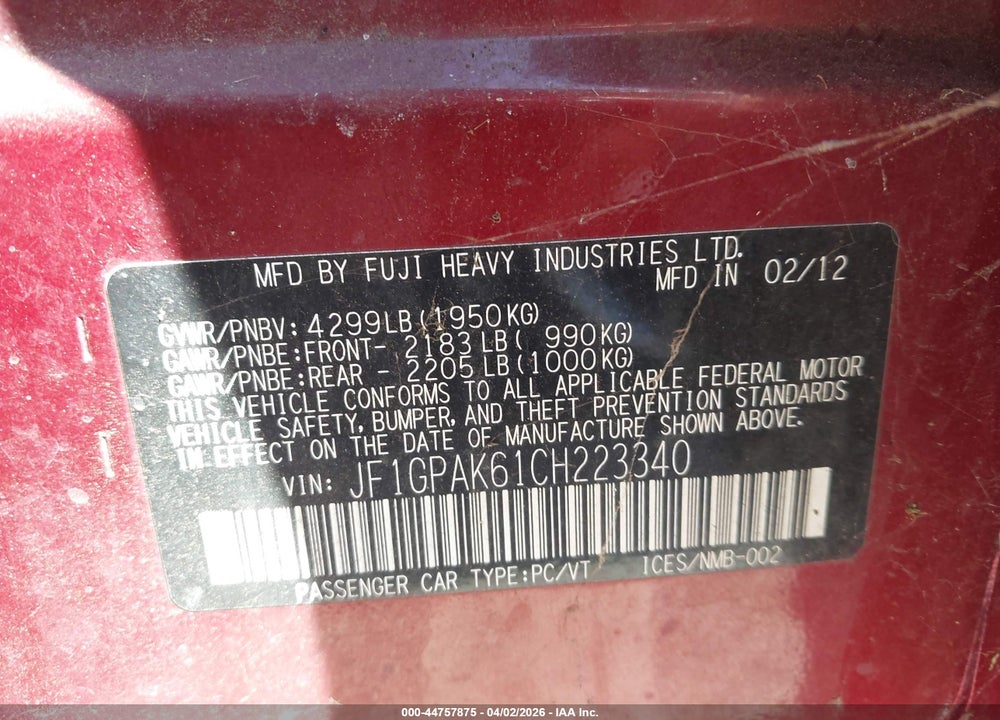 2012 SUBARU IMPREZA 2.0I LIMITED VIN: JF1GPAK61CH223340