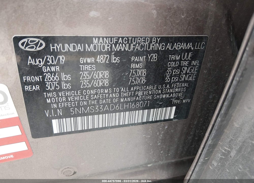 2020 HYUNDAI SANTA FE SEL VIN: 5NMS33AD6LH168071
