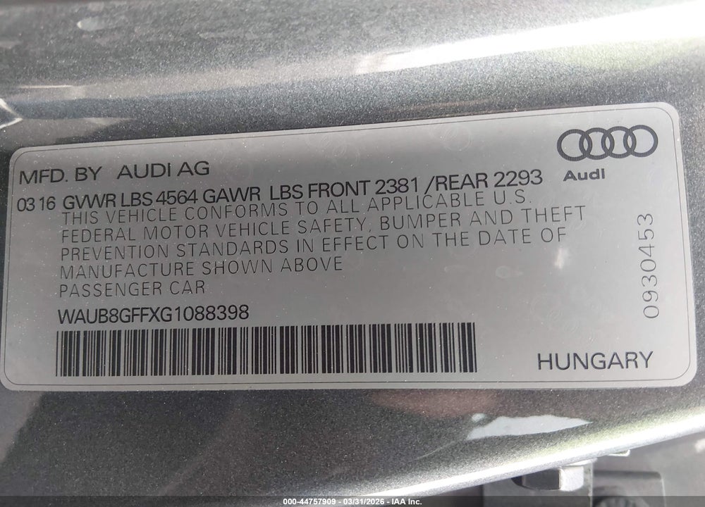 2016 AUDI A3 2.0T PREMIUM VIN: WAUB8GFFXG1088398