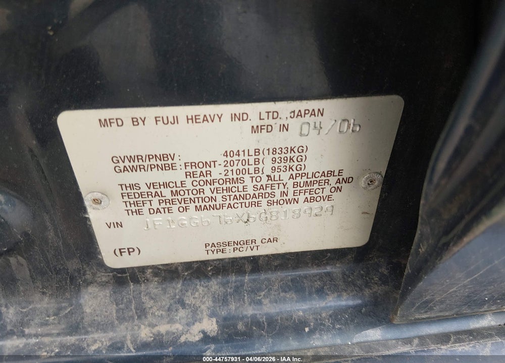 2006 SUBARU IMPREZA 2.5I VIN: JF1GG676X6G818929