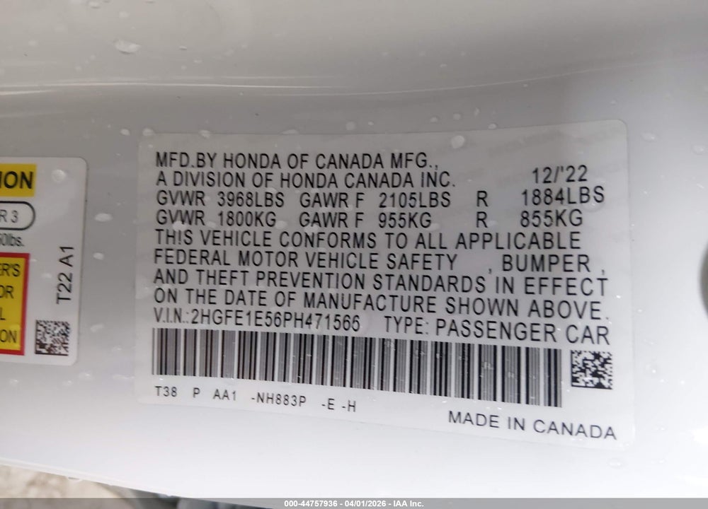 2023 HONDA CIVIC SI SEDAN VIN: 2HGFE1E56PH471566