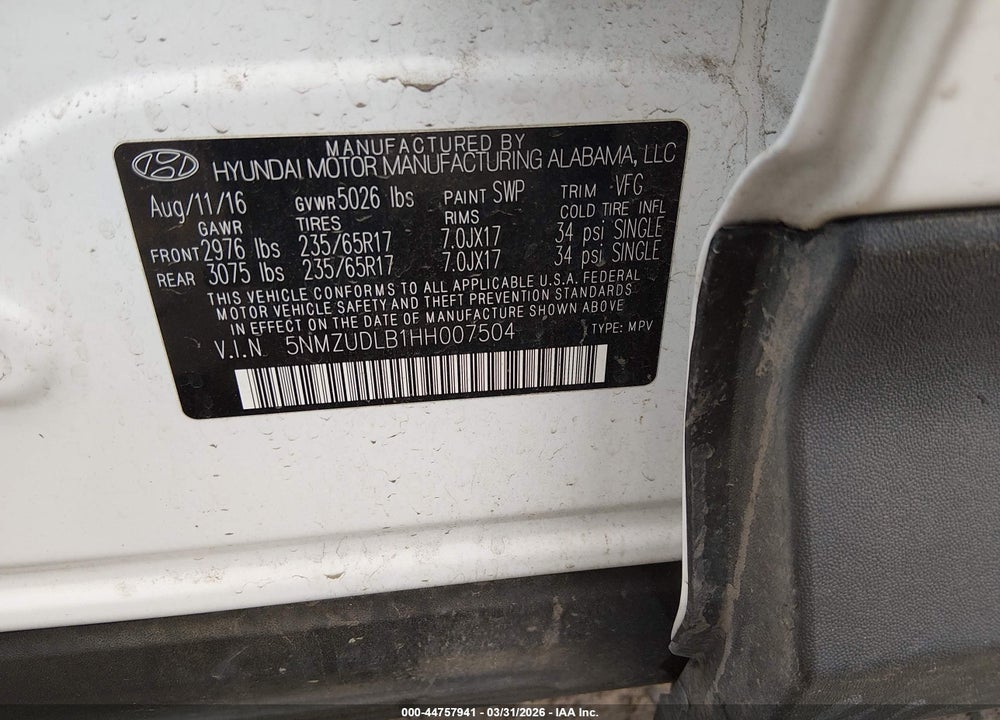 2017 HYUNDAI SANTA FE SPORT 2.4L VIN: 5NMZUDLB1HH007504