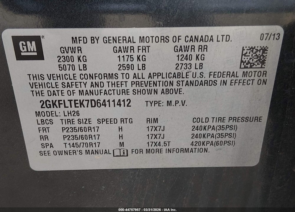 2013 GMC TERRAIN SLE-2 VIN: 2GKFLTEK7D6411412