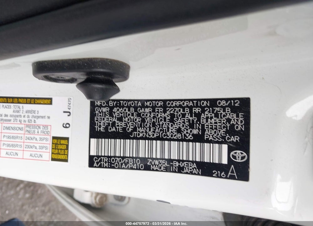 2012 TOYOTA PRIUS PLUG-IN VIN: JTDKN3DP1C3028136