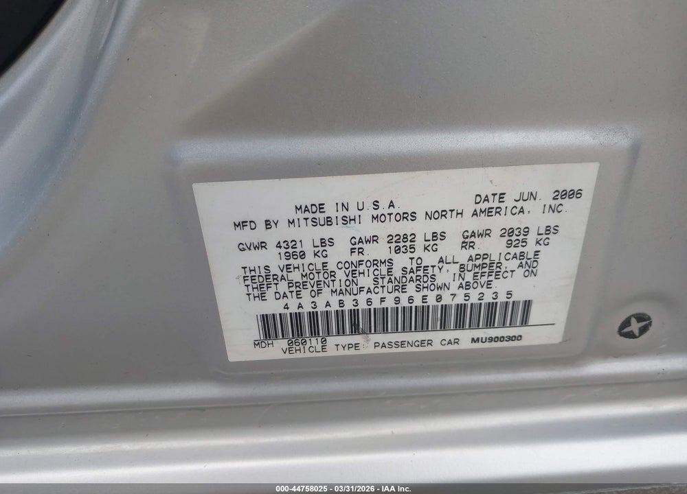 2006 MITSUBISHI GALANT ES/SE VIN: 4A3AB36F96E075235
