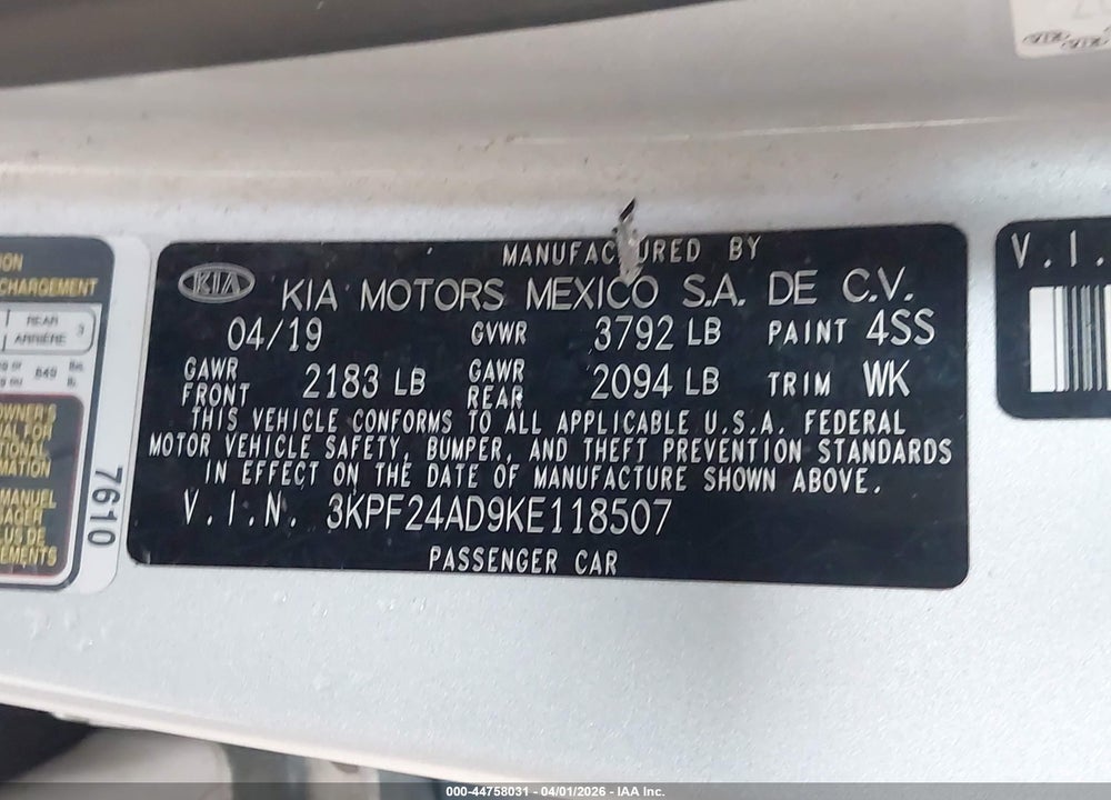 2019 KIA FORTE LXS VIN: 3KPF24AD9KE118507