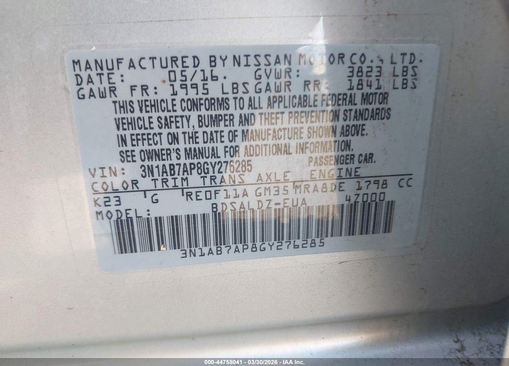 2016 NISSAN SENTRA FE+ S/S/SL/SR/SV VIN: 3N1AB7AP8GY276285