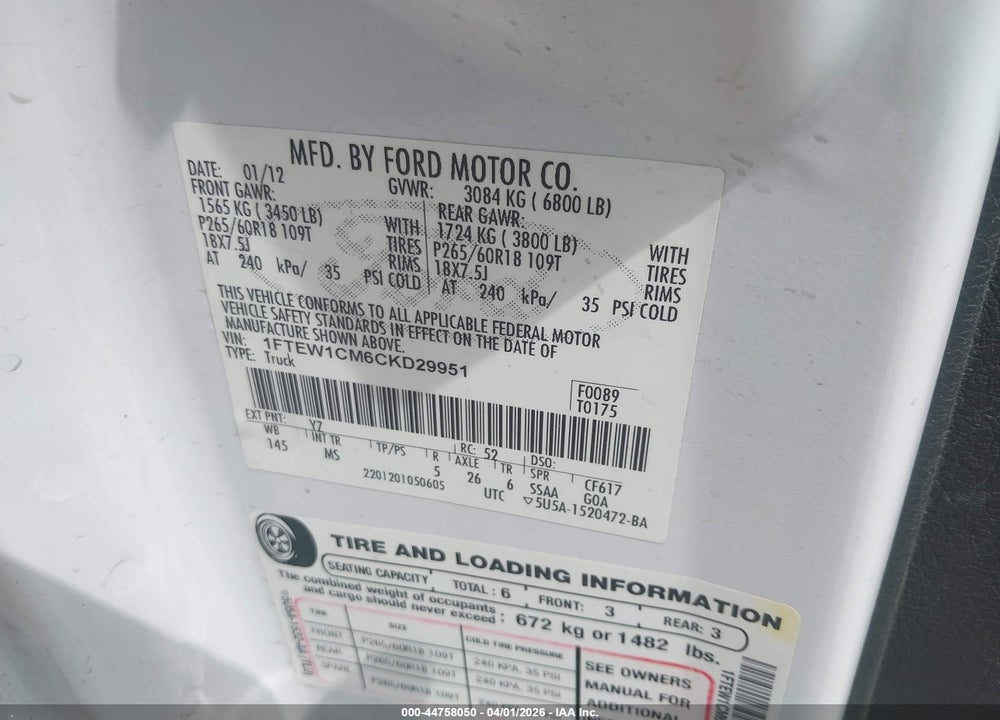 2012 FORD F-150 XLT VIN: 1FTEW1CM6CKD29951