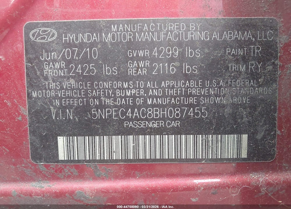 2011 HYUNDAI SONATA SE VIN: 5NPEC4AC8BH087455