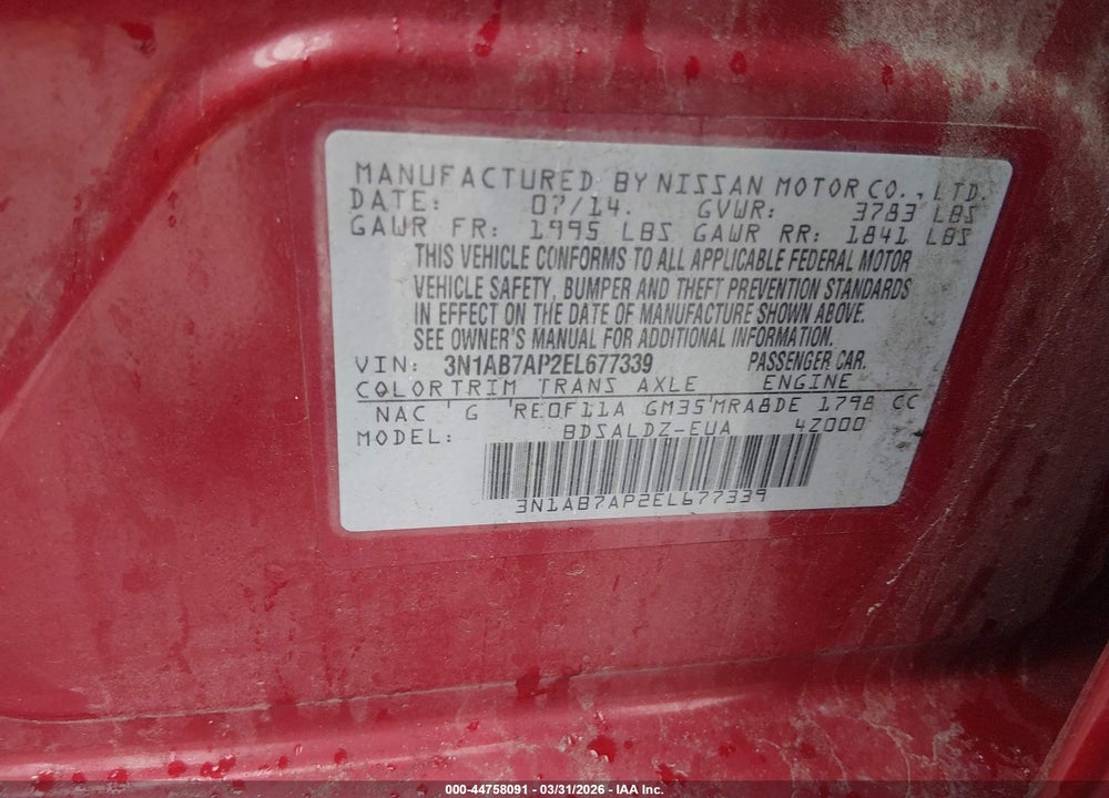 2014 NISSAN SENTRA FE+ S/FE+ SV/S/SL/SR/SV VIN: 3N1AB7AP2EL677339