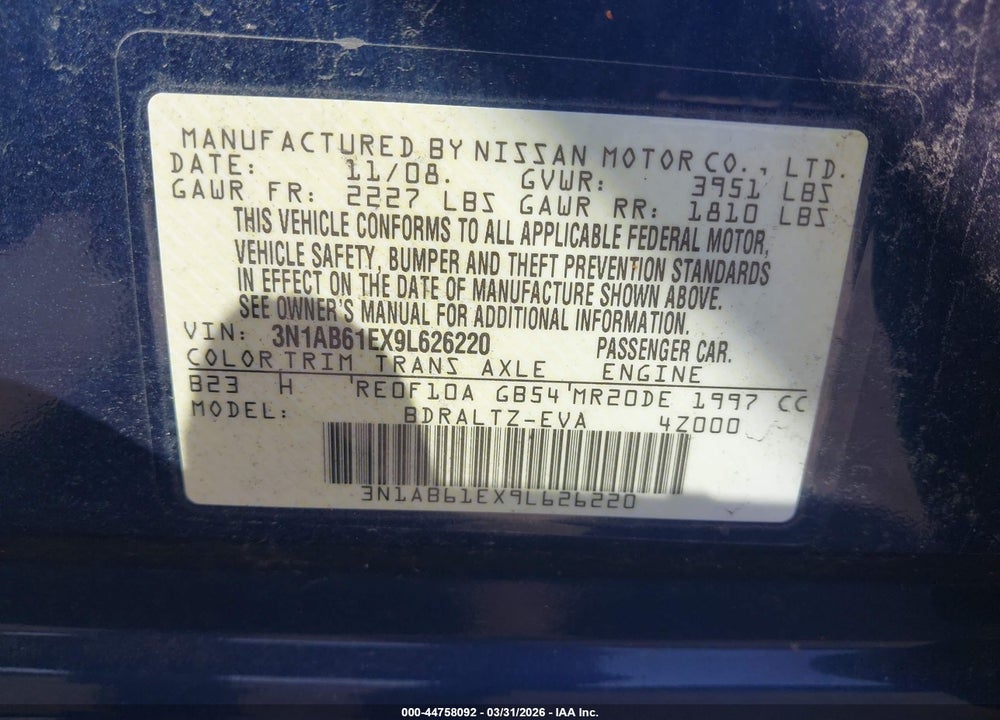 2009 NISSAN SENTRA 2.0S VIN: 3N1AB61EX9L626220