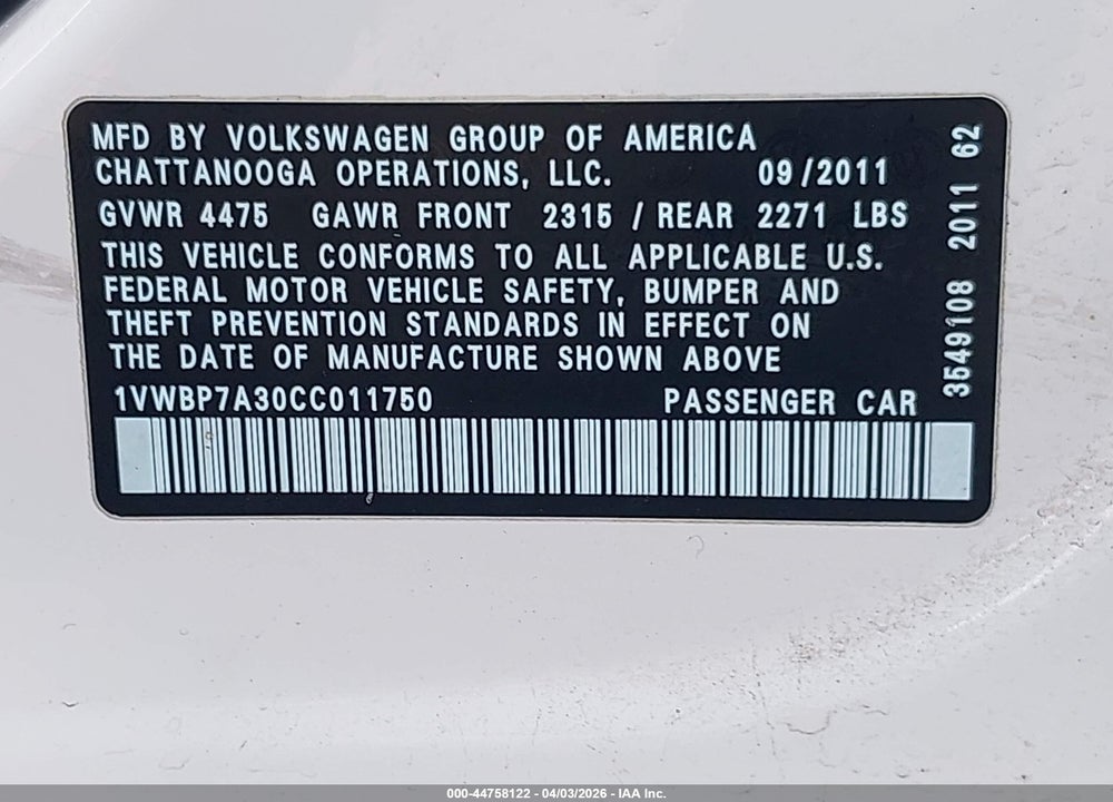 2012 VOLKSWAGEN PASSAT 2.5L SE VIN: 1VWBP7A30CC011750
