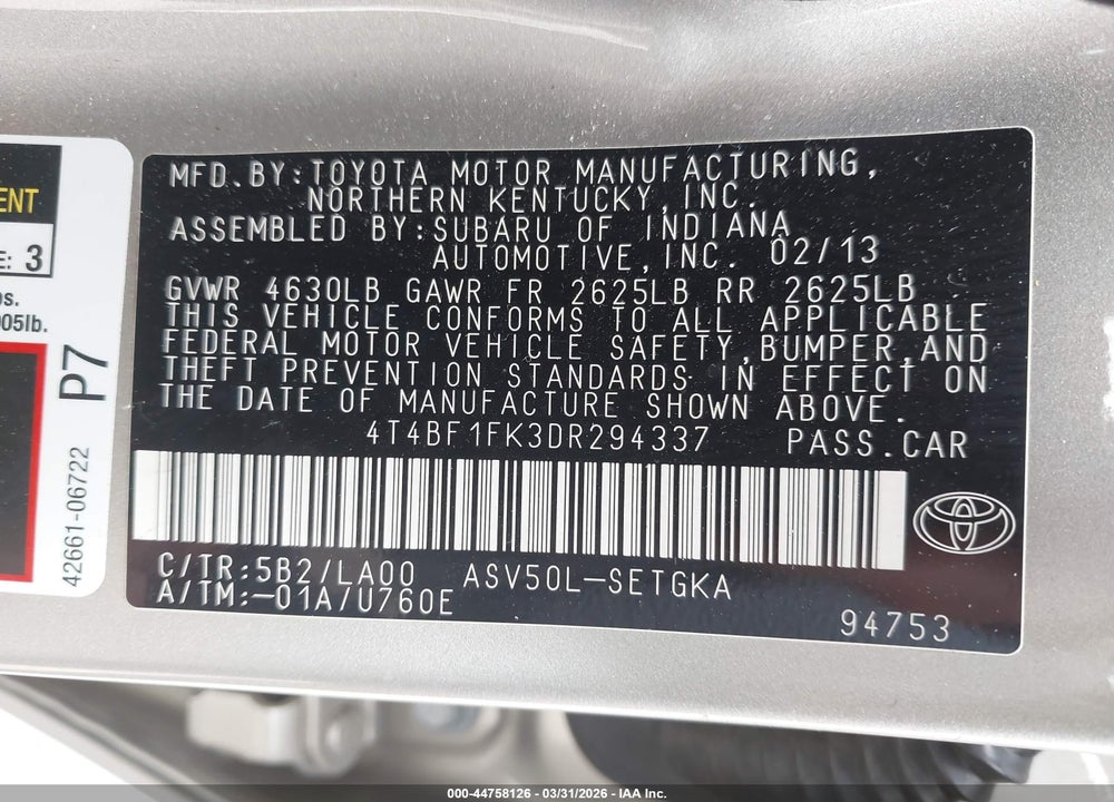 2013 TOYOTA CAMRY XLE VIN: 4T4BF1FK3DR294337