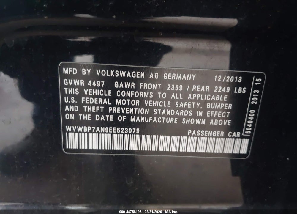 2014 VOLKSWAGEN CC 2.0T SPORT VIN: WVWBP7AN9EE523079