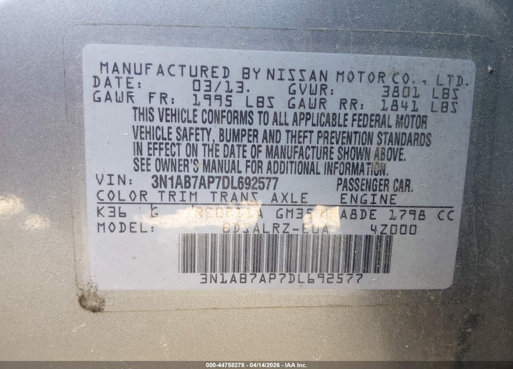 2013 NISSAN SENTRA SR VIN: 3N1AB7AP7DL692577