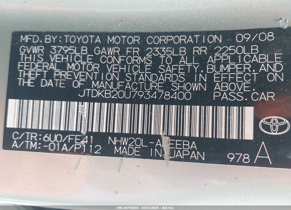 2009 TOYOTA PRIUS VIN: JTDKB20U793478400
