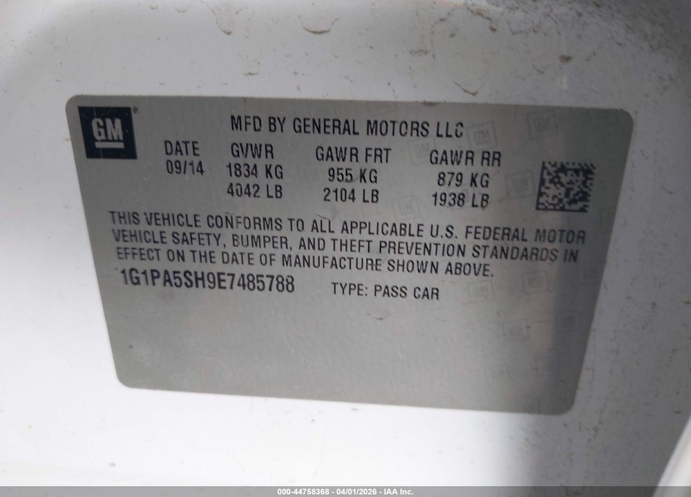 2014 CHEVROLET CRUZE LS AUTO VIN: 1G1PA5SH9E7485788
