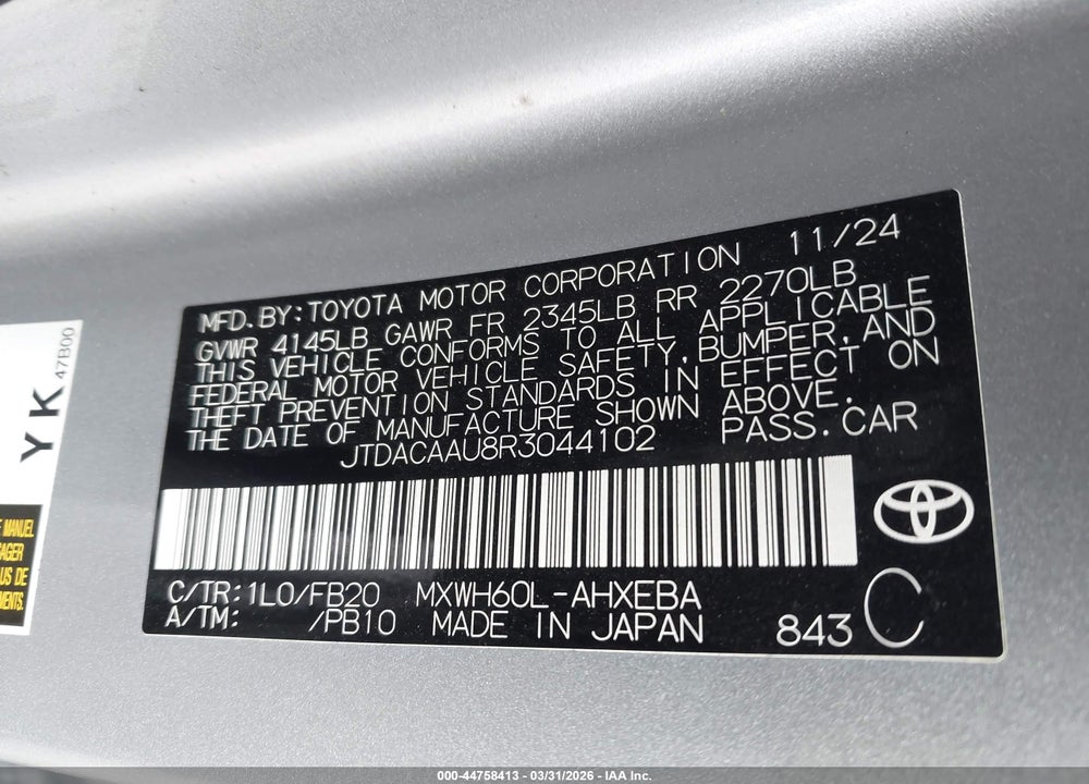 2024 TOYOTA PRIUS LE VIN: JTDACAAU8R3044102