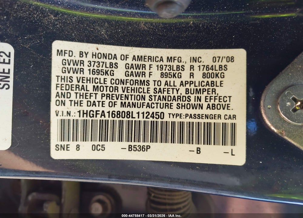 2008 HONDA CIVIC EX VIN: 1HGFA16808L112450