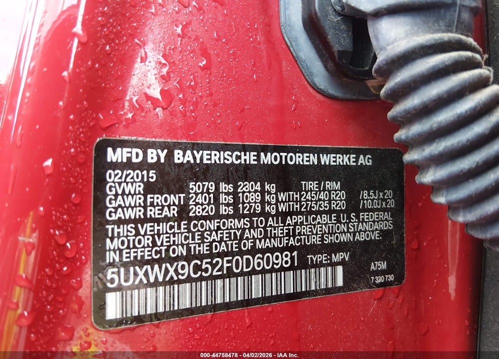 2015 BMW X3 XDRIVE28I VIN: 5UXWX9C52F0D60981