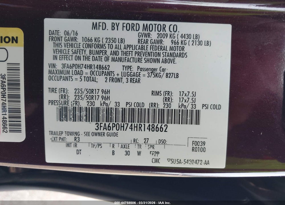 2017 FORD FUSION SE VIN: 3FA6P0H74HR148662