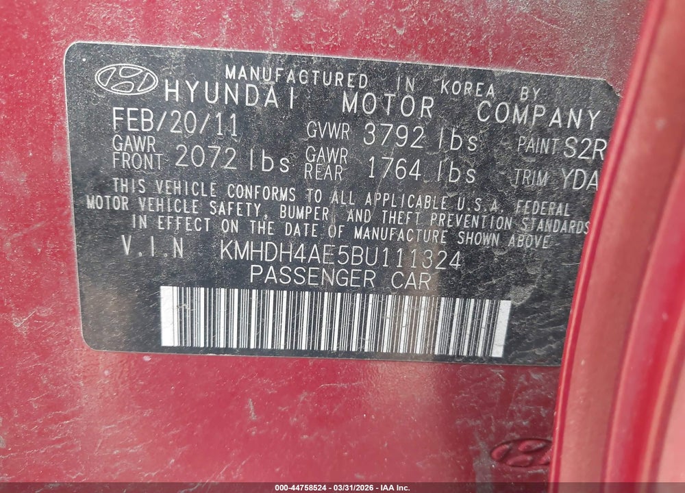 2011 HYUNDAI ELANTRA GLS (ULSAN PLANT) VIN: KMHDH4AE5BU111324