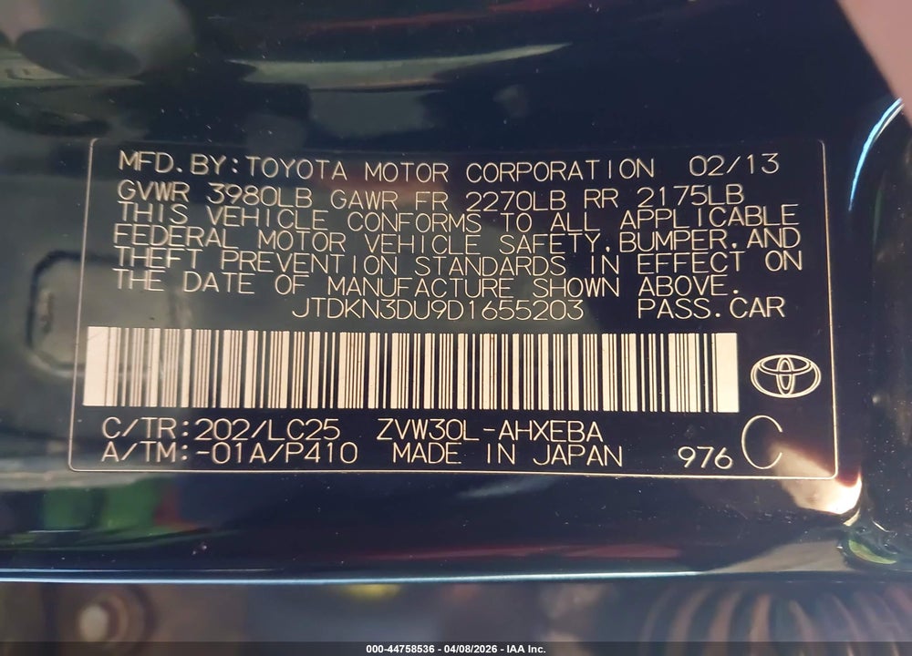 2013 TOYOTA PRIUS THREE SE VIN: JTDKN3DU9D1655203
