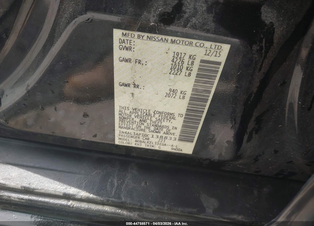2016 NISSAN ALTIMA 2.5 SL VIN: 1N4AL3AP1GC138833