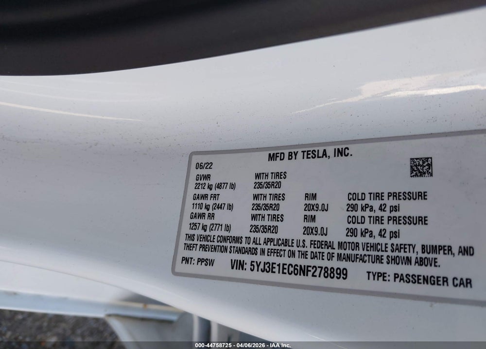 2022 TESLA MODEL 3 PERFORMANCE DUAL MOTOR ALL-WHEEL DRIVE VIN: 5YJ3E1EC6NF278899