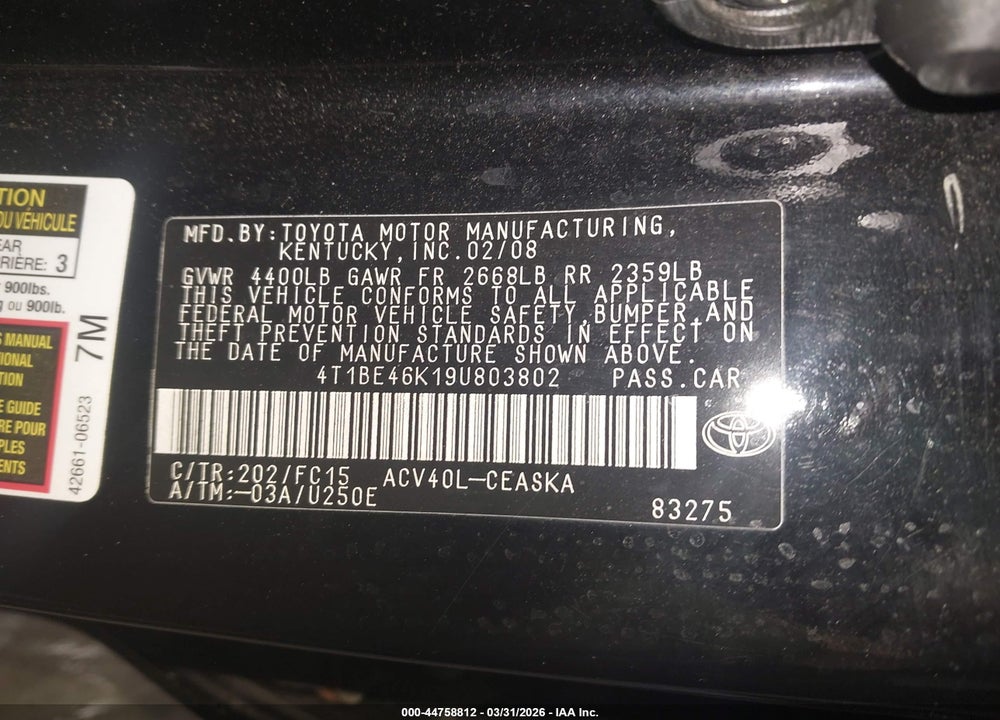 2009 TOYOTA CAMRY SE VIN: 4T1BE46K19U803802