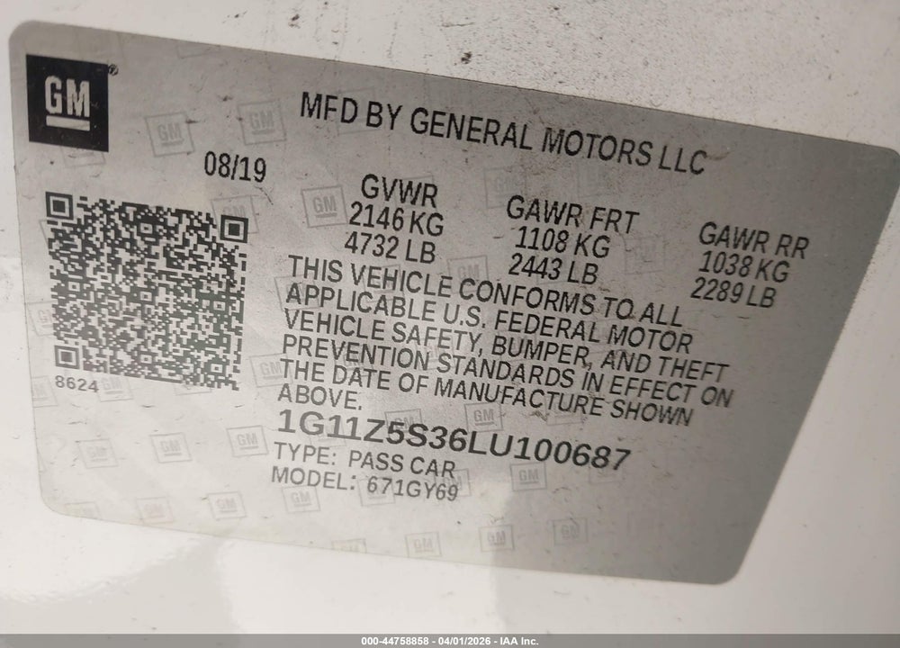 2020 CHEVROLET IMPALA FWD LT VIN: 1G11Z5S36LU100687