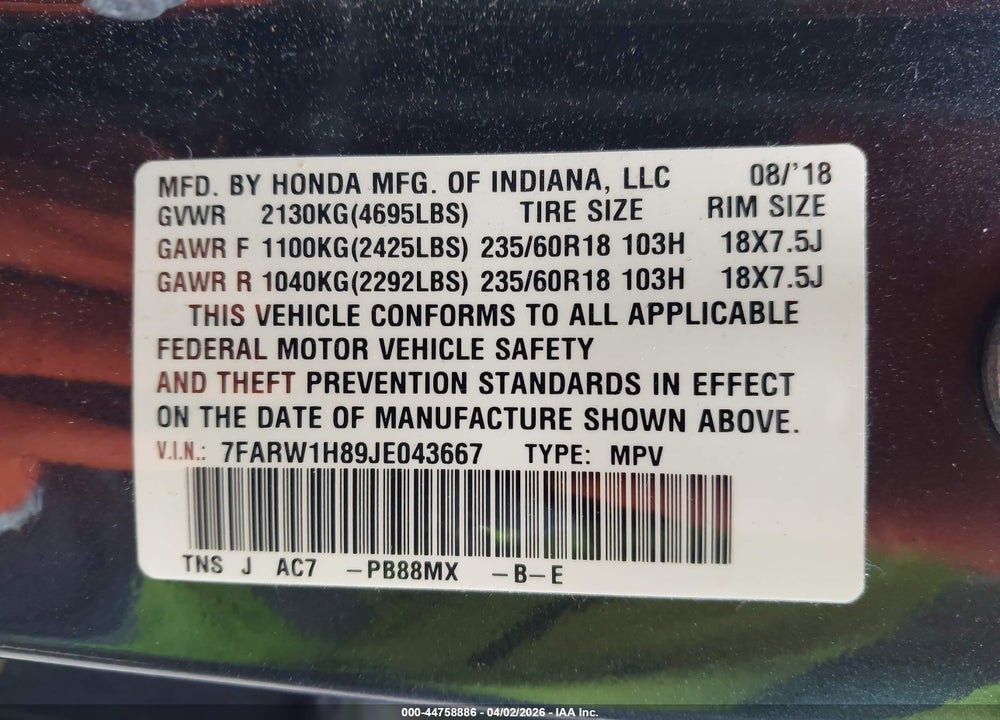 2018 HONDA CR-V EX-L/EX-L NAVI VIN: 7FARW1H89JE043667