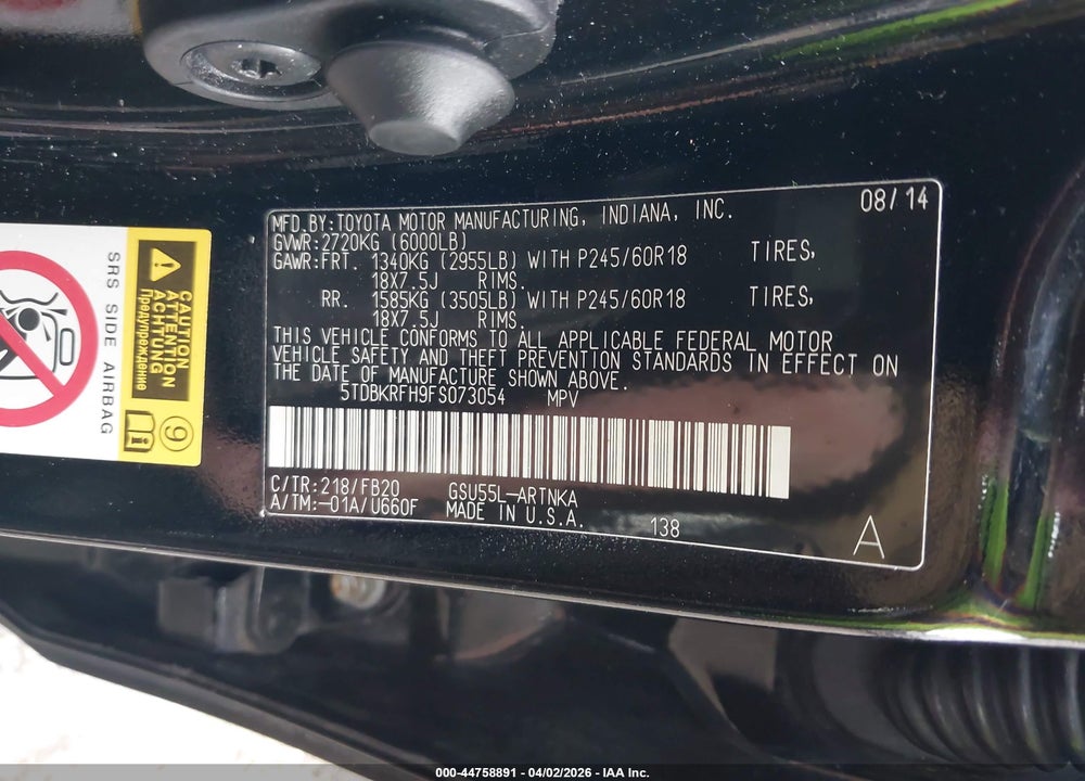 2015 TOYOTA HIGHLANDER LE V6 VIN: 5TDBKRFH9FS073054