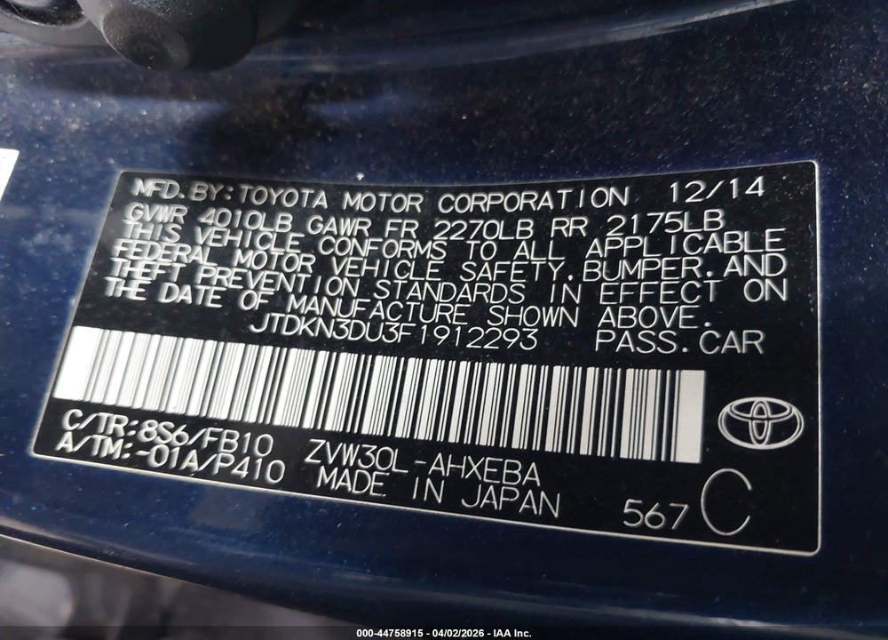 2015 TOYOTA PRIUS THREE VIN: JTDKN3DU3F1912293