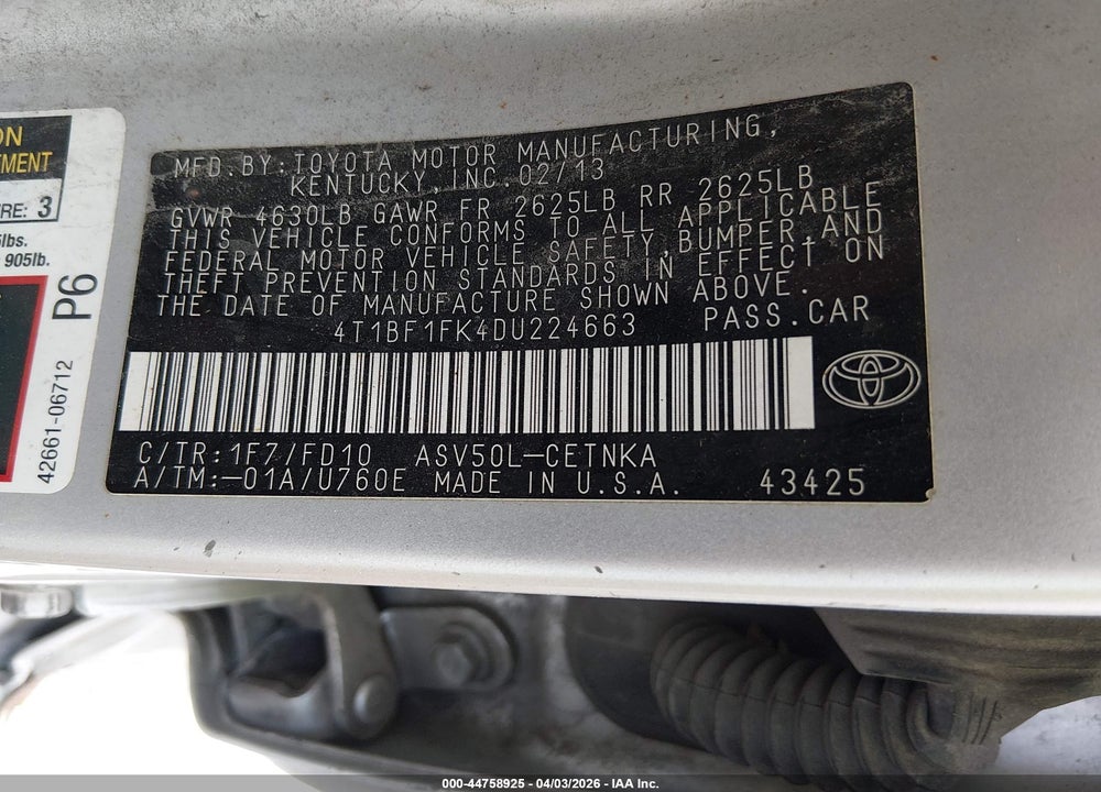 2013 TOYOTA CAMRY LE VIN: 4T1BF1FK4DU224663